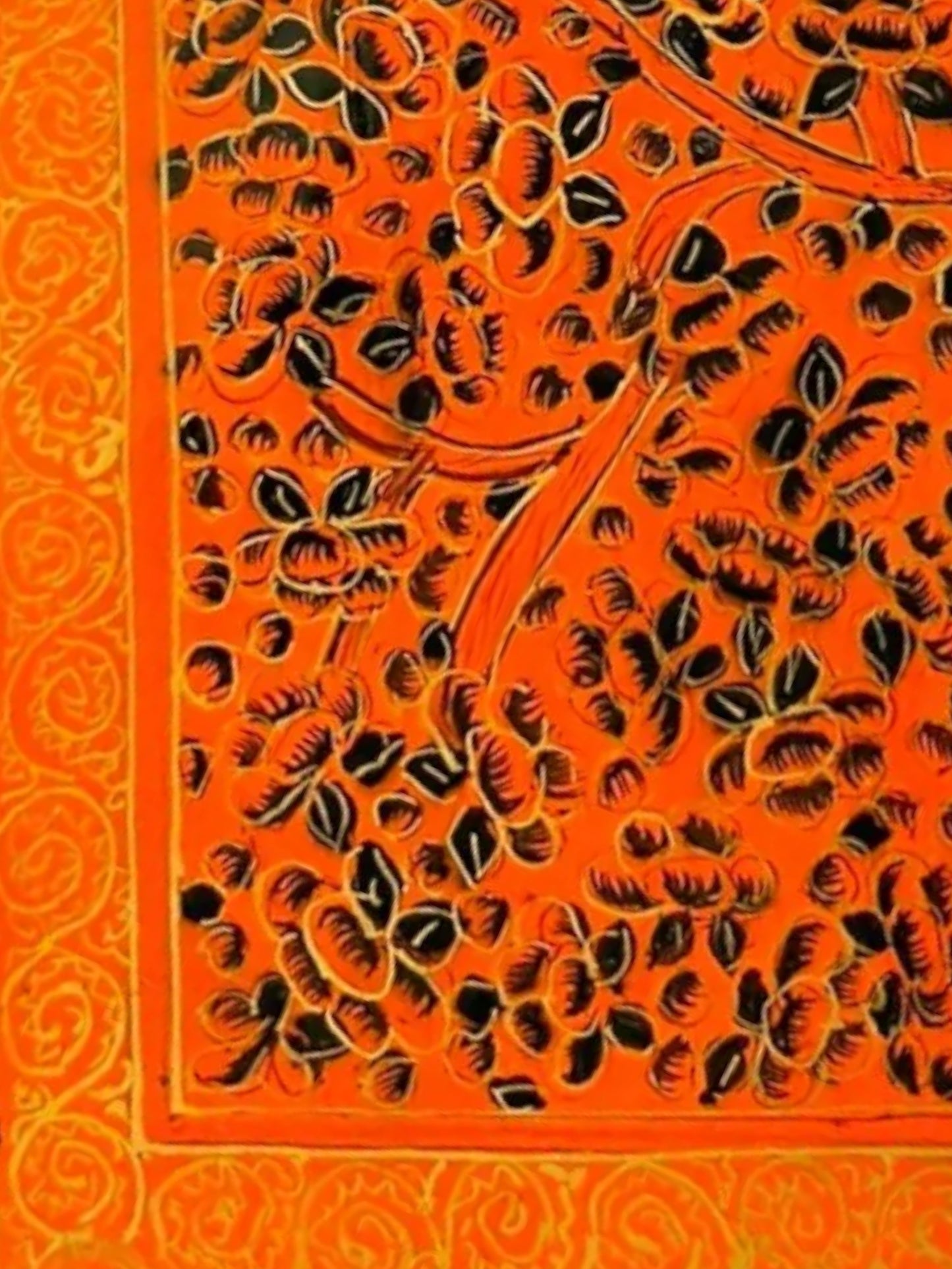 Noori Couture orange papier-mâché keepsake box with intricate hand-painted floral design and gold border.