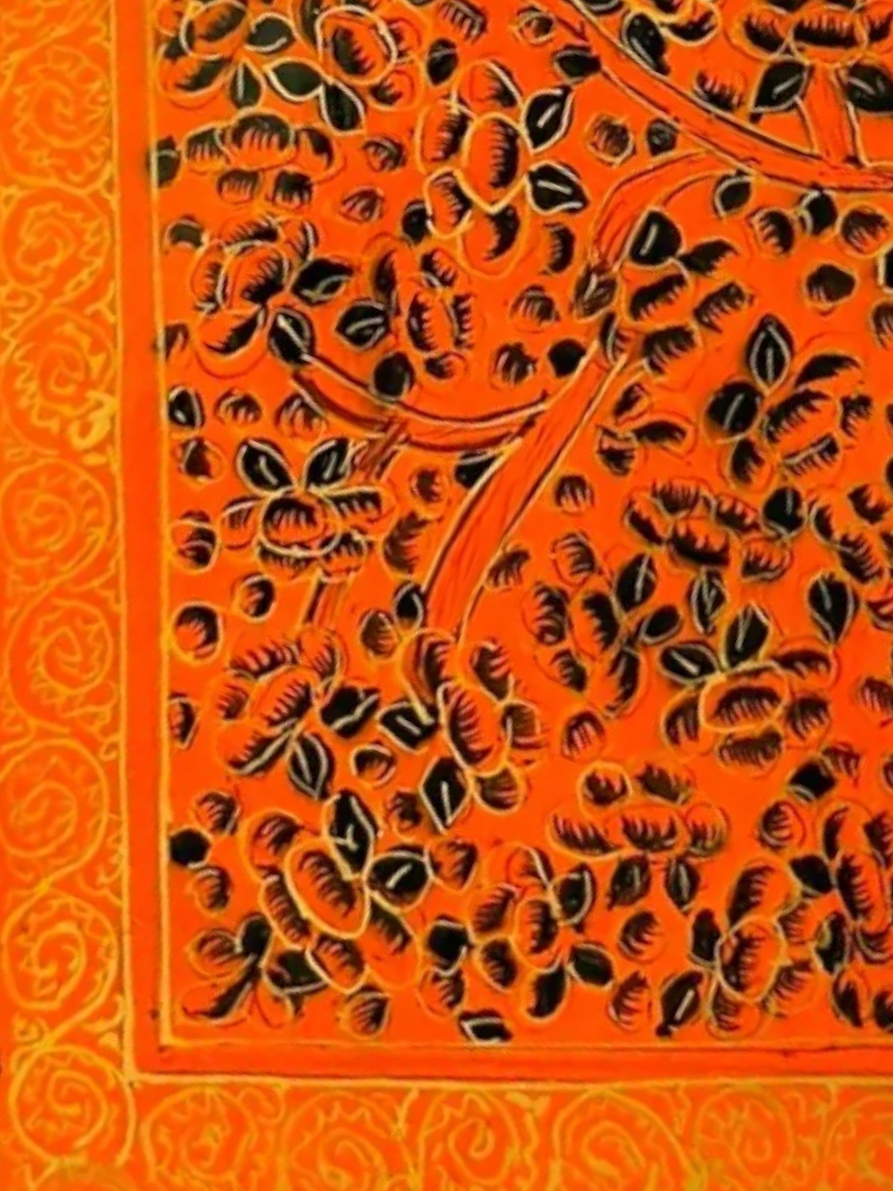 Noori Couture orange papier-mâché keepsake box with intricate hand-painted floral design and gold border.