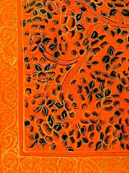 Noori Couture orange papier-mâché keepsake box with intricate hand-painted floral design and gold border.