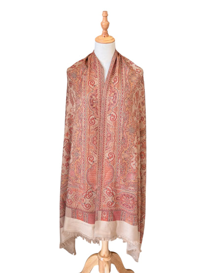 Noori Couture desert brown pashmina shawl with intricate paisley pattern and delicate fringe on a mannequin
