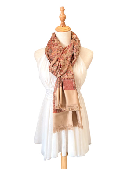 Noori Couture desert brown pashmina shawl with intricate paisley pattern and delicate fringe on a mannequin