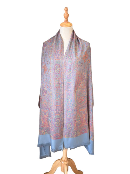 Noori Couture sea weed grey pashmina shawl with intricate paisley pattern, cotton-wool blend, and fringed edges.