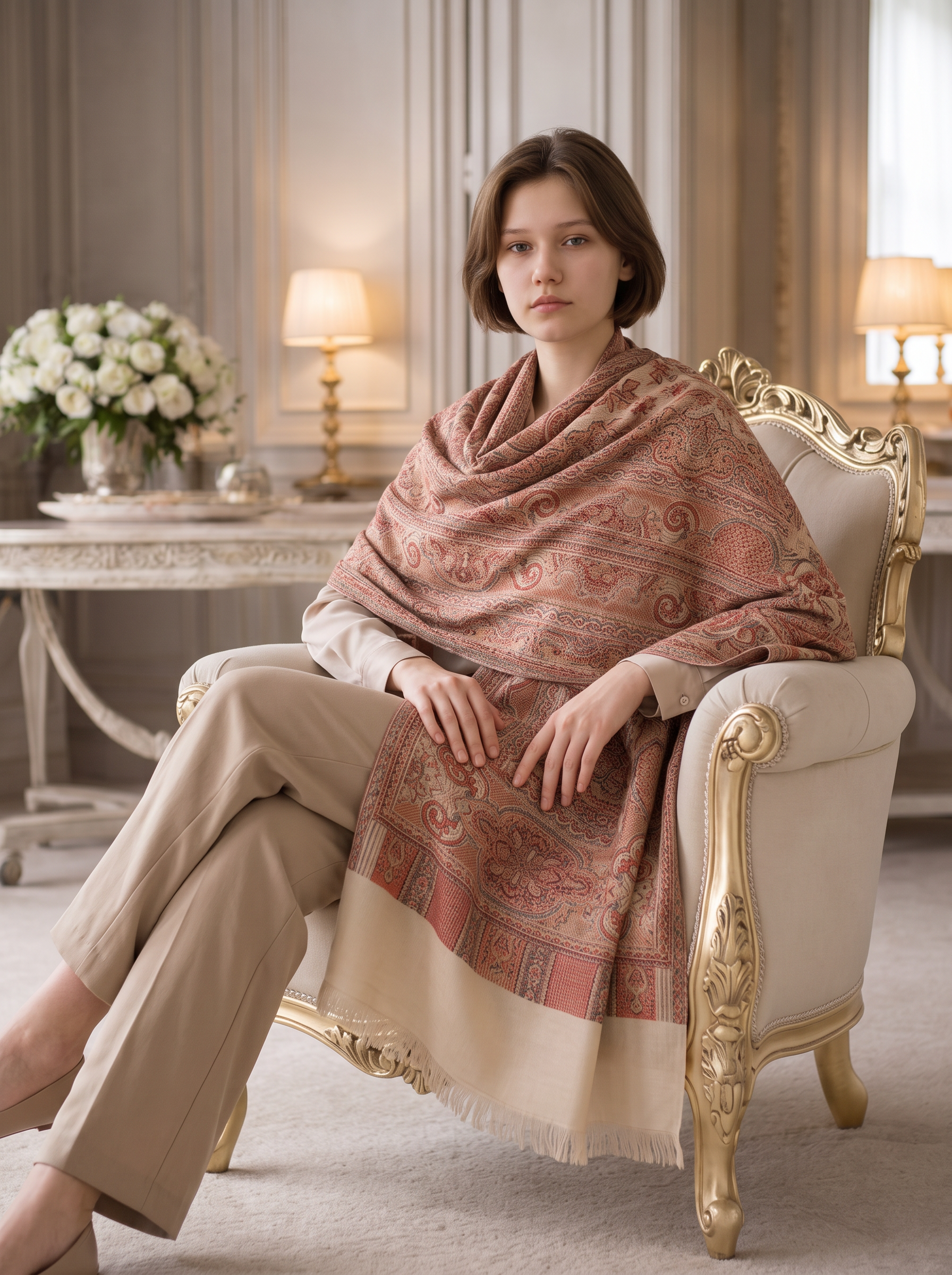 Noori Couture desert brown pashmina shawl with intricate paisley pattern and fringe, draped over a woman in a chair.