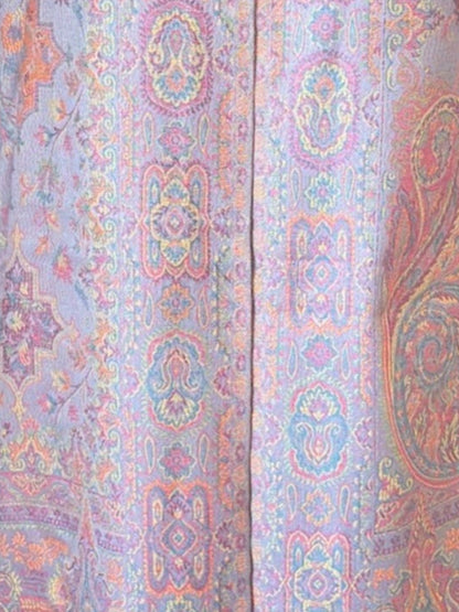 Noori Couture pashmina shawl in sage green and rose with intricate woven paisley patterns and delicate fringe edges.