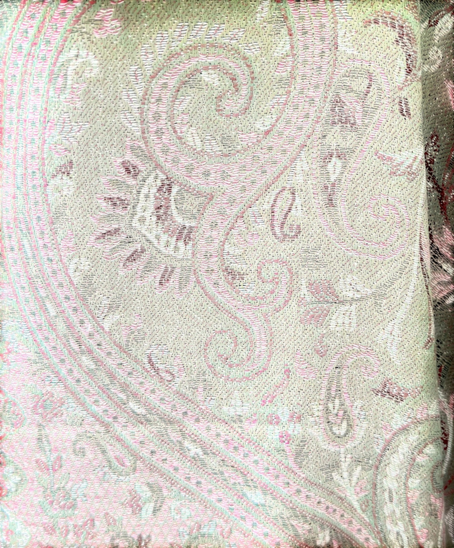 Noori Couture cotton and wool pashmina shawl featuring an intricate sage green and soft rose paisley woven pattern