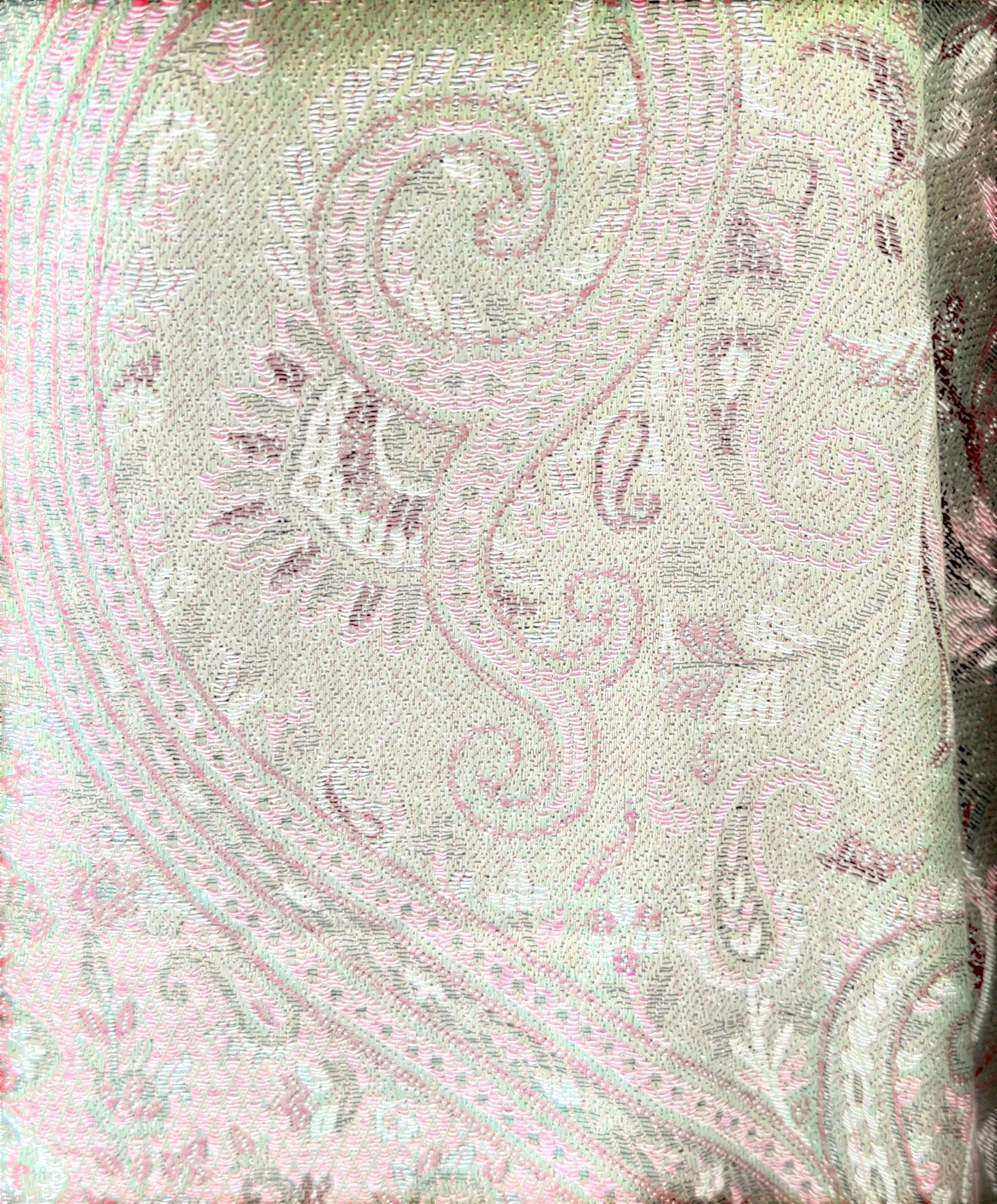 Noori Couture cotton and wool pashmina shawl featuring an intricate sage green and soft rose paisley woven pattern