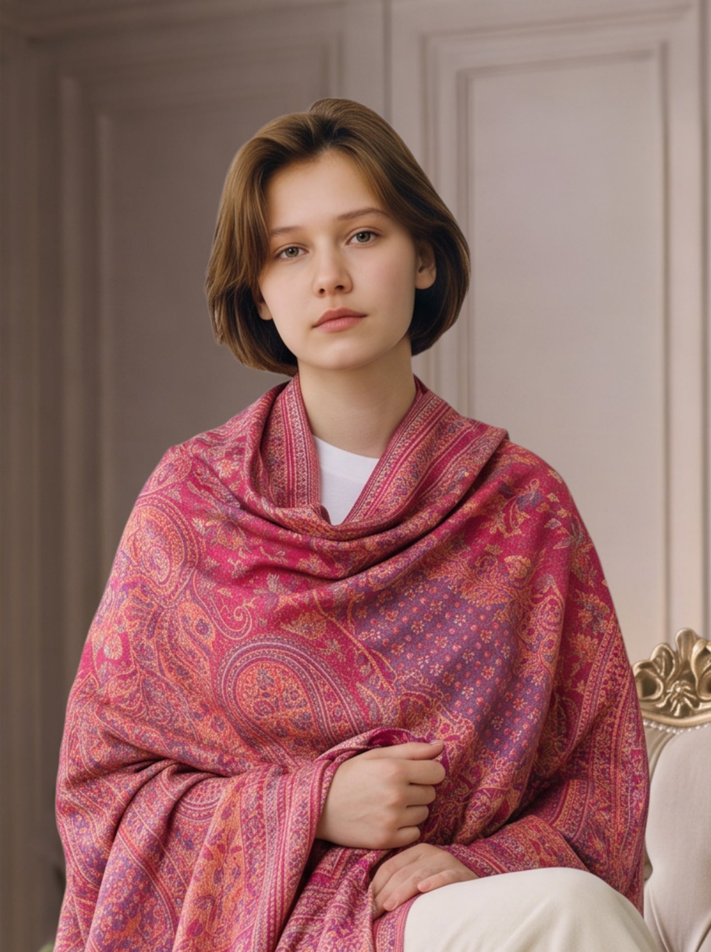 Noori Couture handwoven pashmina shawl with intricate pink and orange paisley patterns and delicate fringed edges.