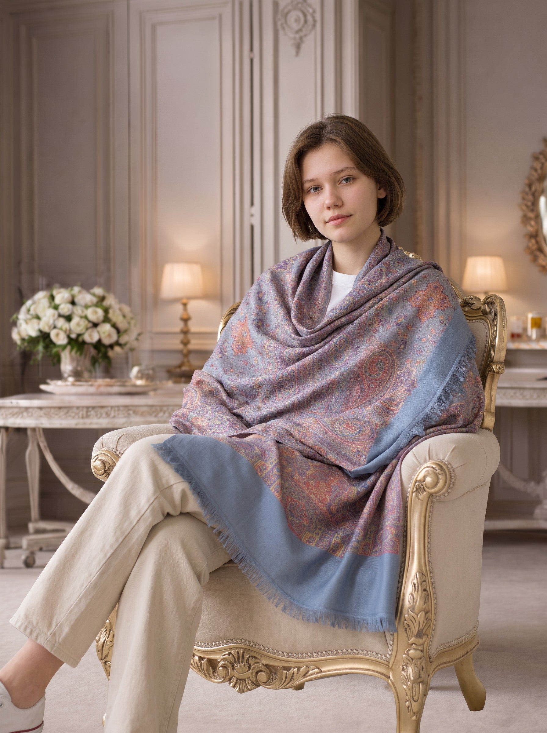 Noori Couture pashmina shawl with paisley pattern in sage green and rose, draped over a woman sitting in a chair.