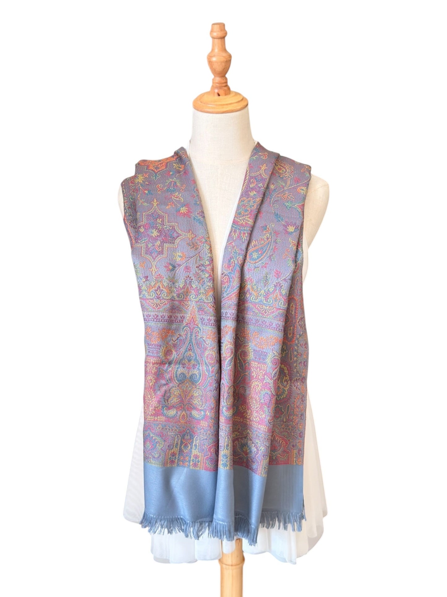 Noori Couture sea weed grey pashmina shawl with intricate paisley pattern, wool-cotton blend, and fringed edges.
