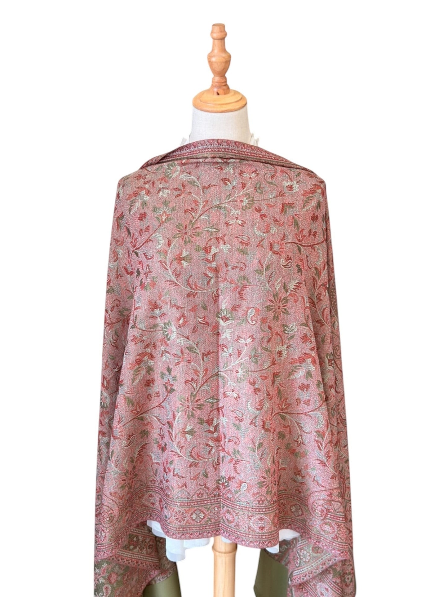 Noori Couture pashmina shawl in sage green and rose paisley cotton-wool blend with delicate fringe detailing.