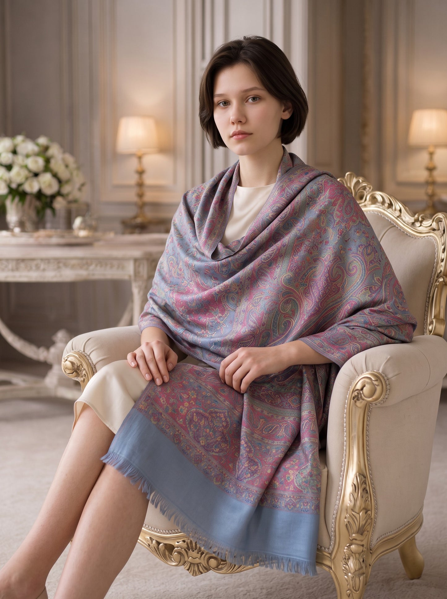 Noori Couture pashmina shawl in blue with a multi-colored paisley pattern, draped over a woman in a classic interior.