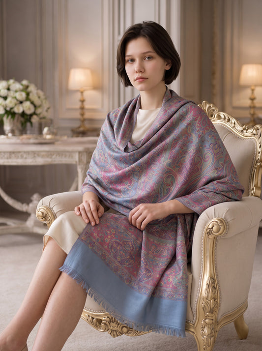 Noori Couture pashmina shawl in blue with a multi-colored paisley pattern, draped over a woman in a classic interior.