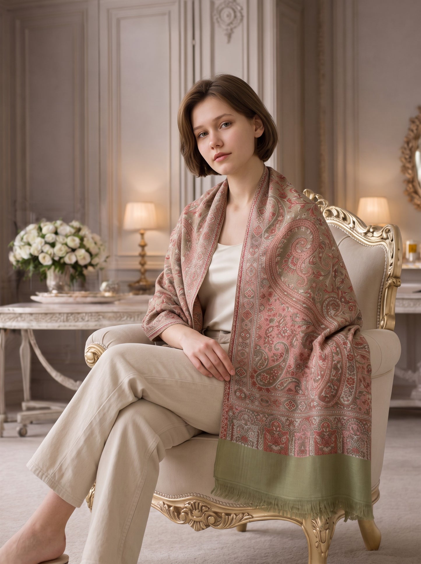 Noori Couture paisley pashmina shawl in sage green and rose draped over a woman sitting in a classic armchair