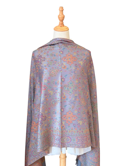Noori Couture sea weed grey pashmina shawl featuring an intricate traditional paisley pattern and fine-fringed edges.