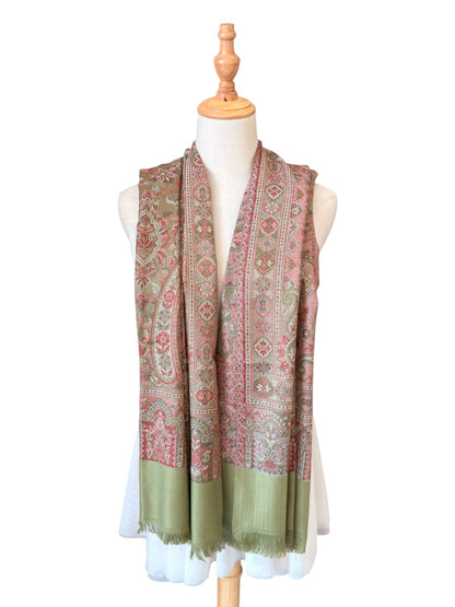 Noori Couture pashmina shawl in sage green and rose paisley print with fringe trim, crafted from cotton and wool.