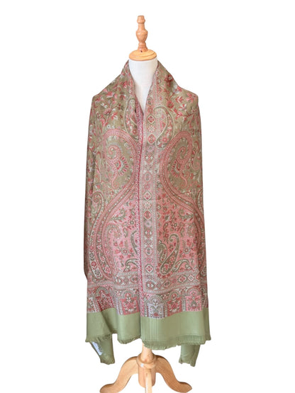 Noori Couture paisley pashmina shawl in sage green and rose wool-cotton blend with delicate fringe detailing.