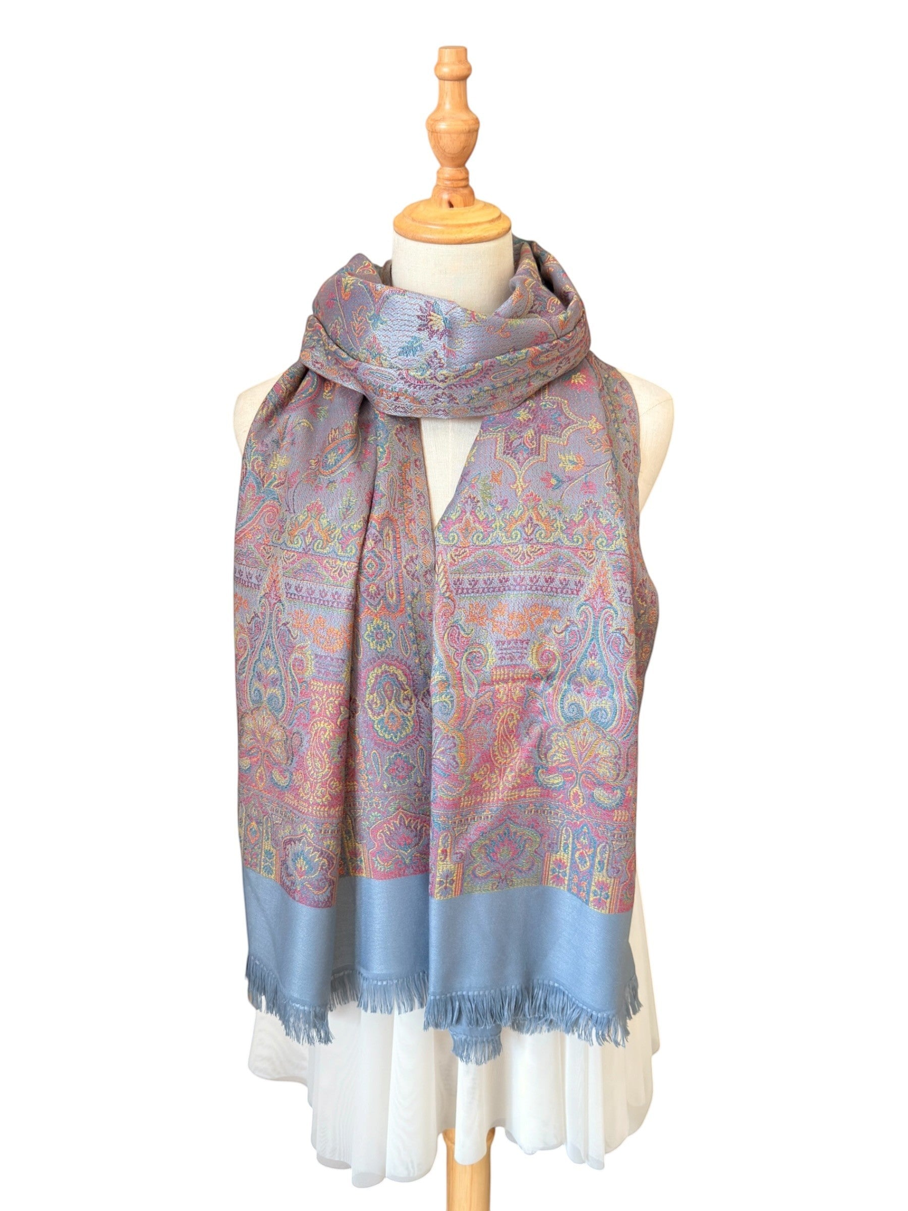 Noori Couture traditional paisley pashmina shawl in sea weed grey with coral, gold, and violet accents and fringe.