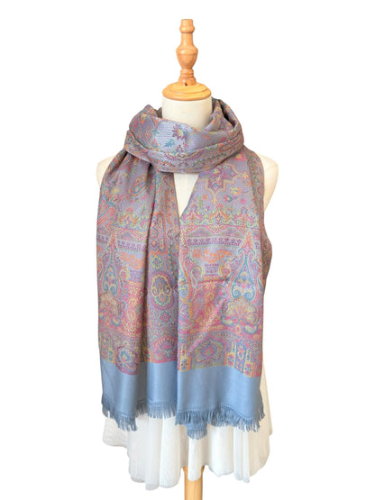 Noori Couture traditional paisley pashmina shawl in sea weed grey with coral, gold, and violet accents and fringe.