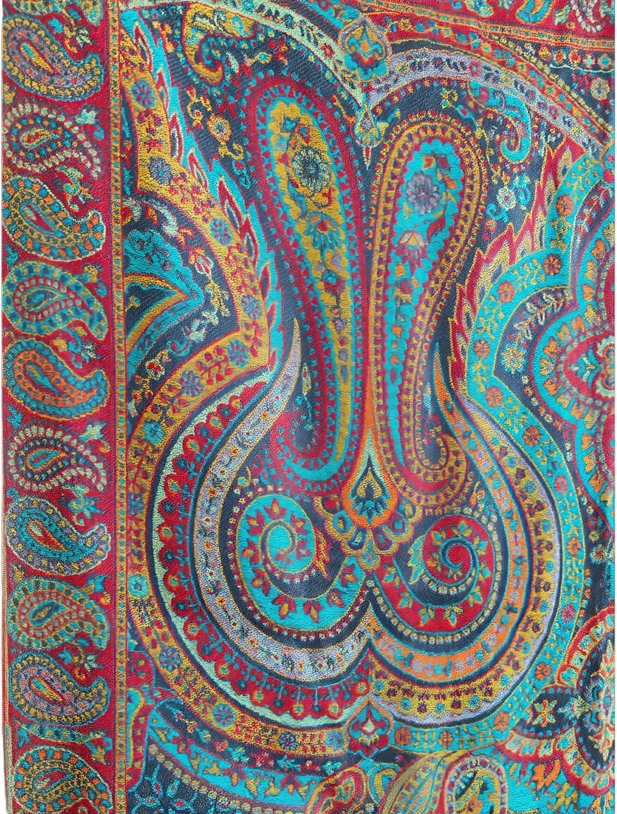 Noori Couture paisley patterned woven scarf in peacock shades with fringed edges.