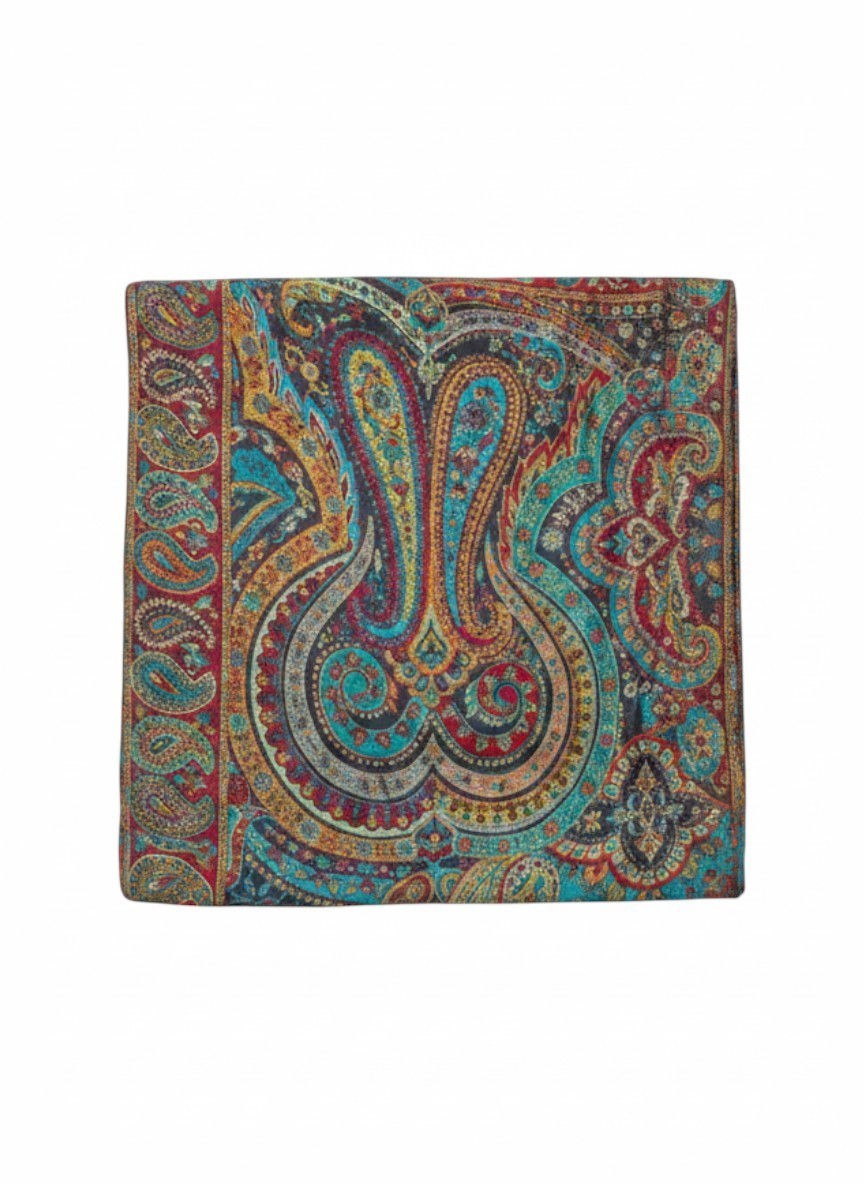 Noori Couture paisley patterned woven scarf in peacock shades with fringed edges.