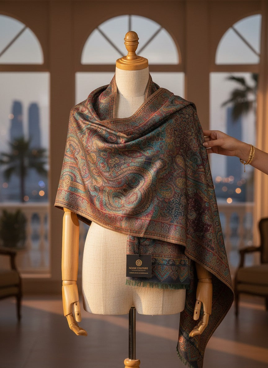 Noori Couture paisley patterned woven scarf in peacock shades with fringed edges.