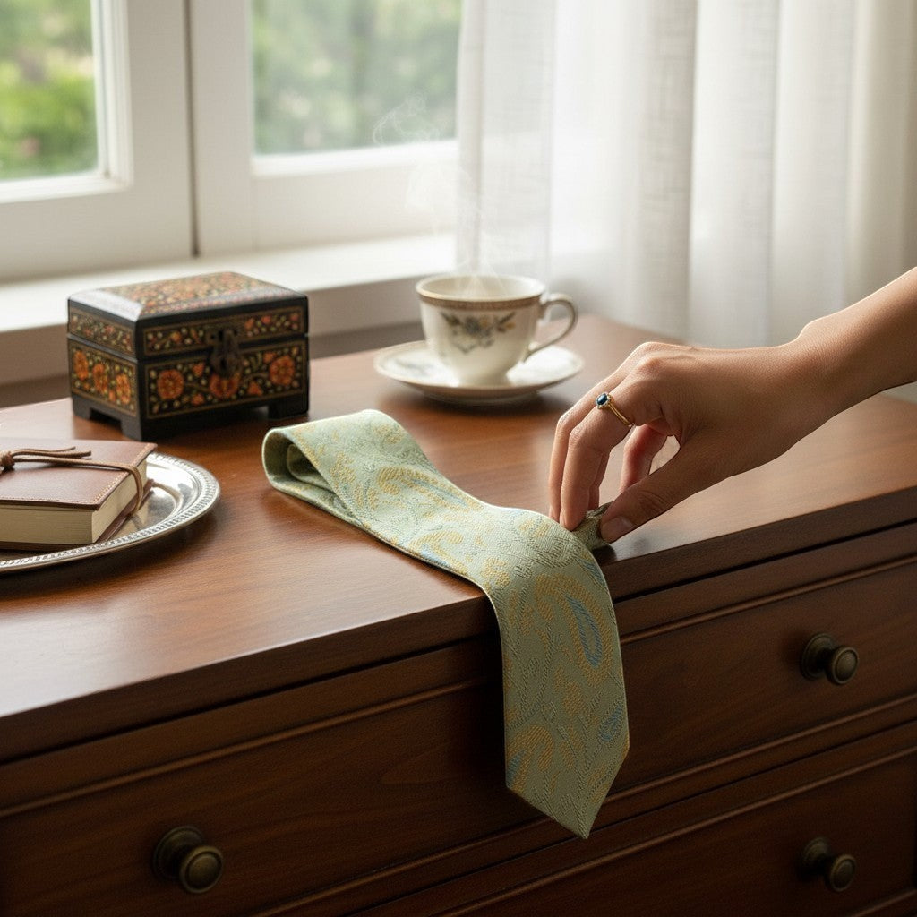 Noori Couture pale mint green silk & cotton blend tie with gold and sky blue paisley pattern. A hand adjusts the knot.