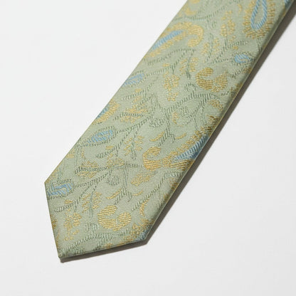 Noori Couture pale mint green silk and cotton blend tie with gold and sky blue paisley pattern.