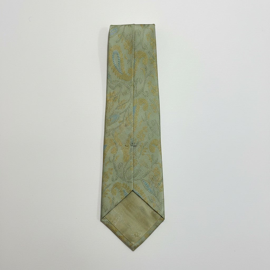 Noori Couture pale mint green silk and cotton blend tie with gold and sky blue paisley pattern. Jacquard weave.