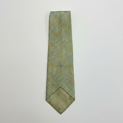 Noori Couture pale mint green silk and cotton blend tie with gold and sky blue paisley pattern. Jacquard weave.