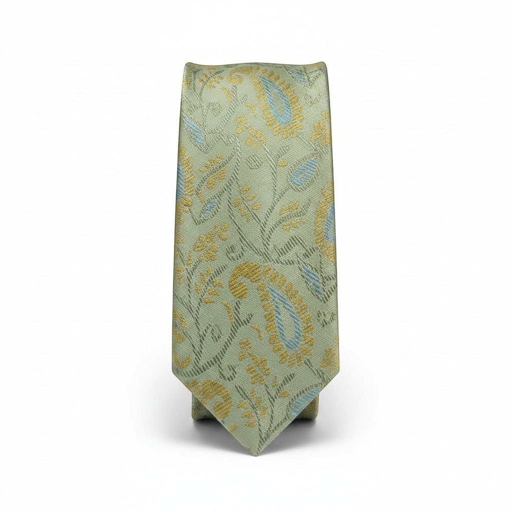Noori Couture pale mint green silk and cotton blend tie with gold and blue paisley pattern.