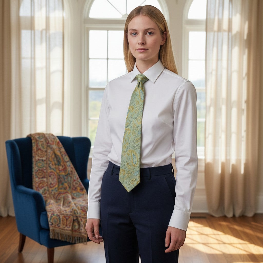 Noori Couture pale mint green silk and cotton blend tie with gold and sky blue paisley pattern.