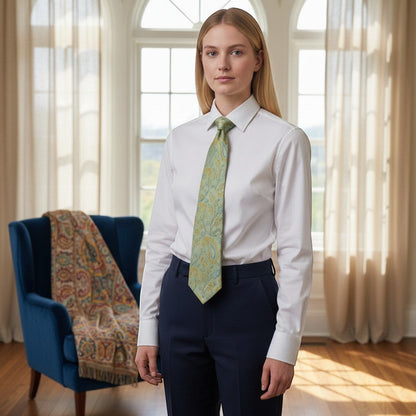 Noori Couture pale mint green silk and cotton blend tie with gold and sky blue paisley pattern.