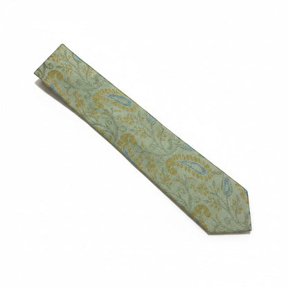 Noori Couture pale mint green silk and cotton blend tie with gold and blue paisley pattern.