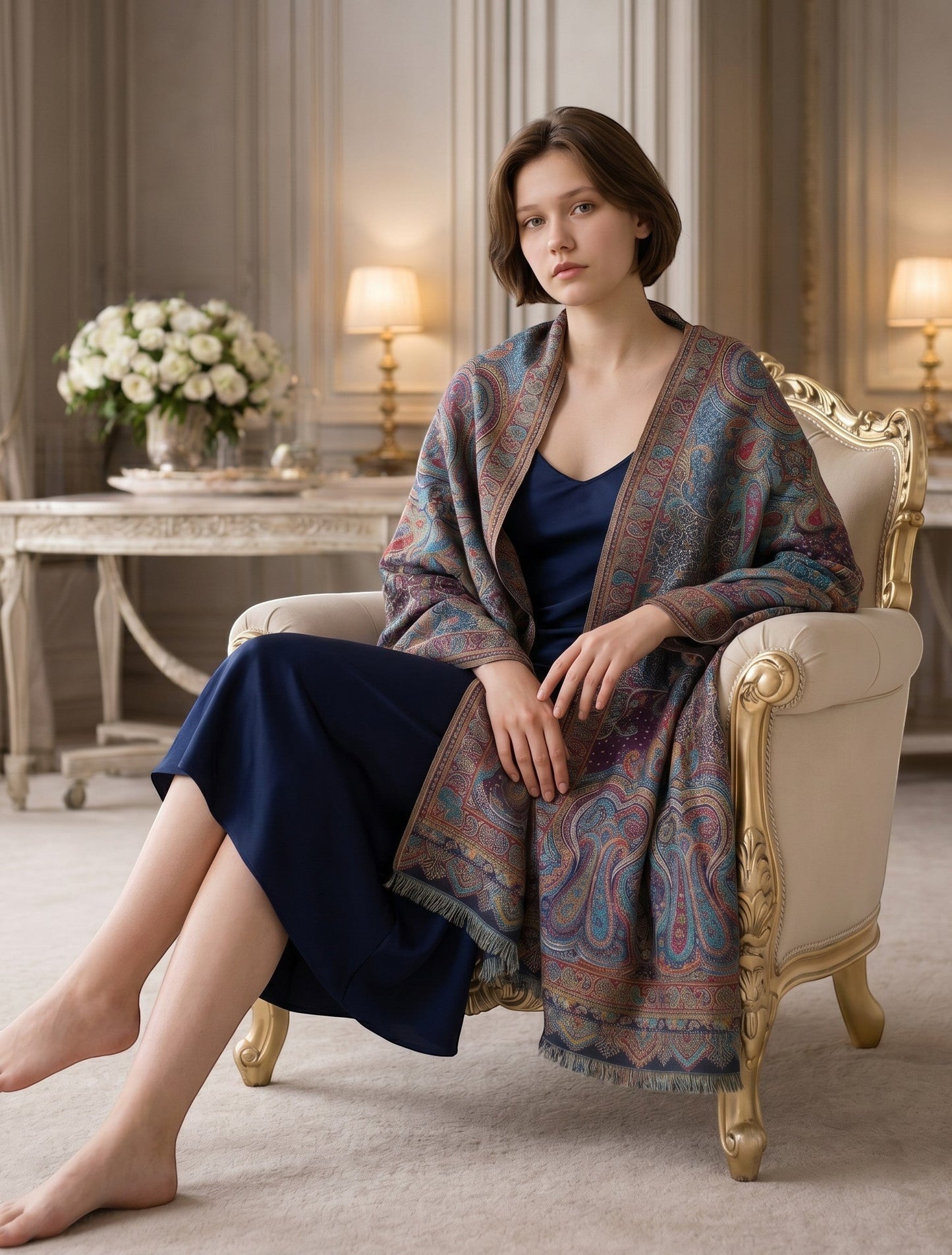Noori Couture paisley patterned woven scarf in peacock shades with fringed edges.
