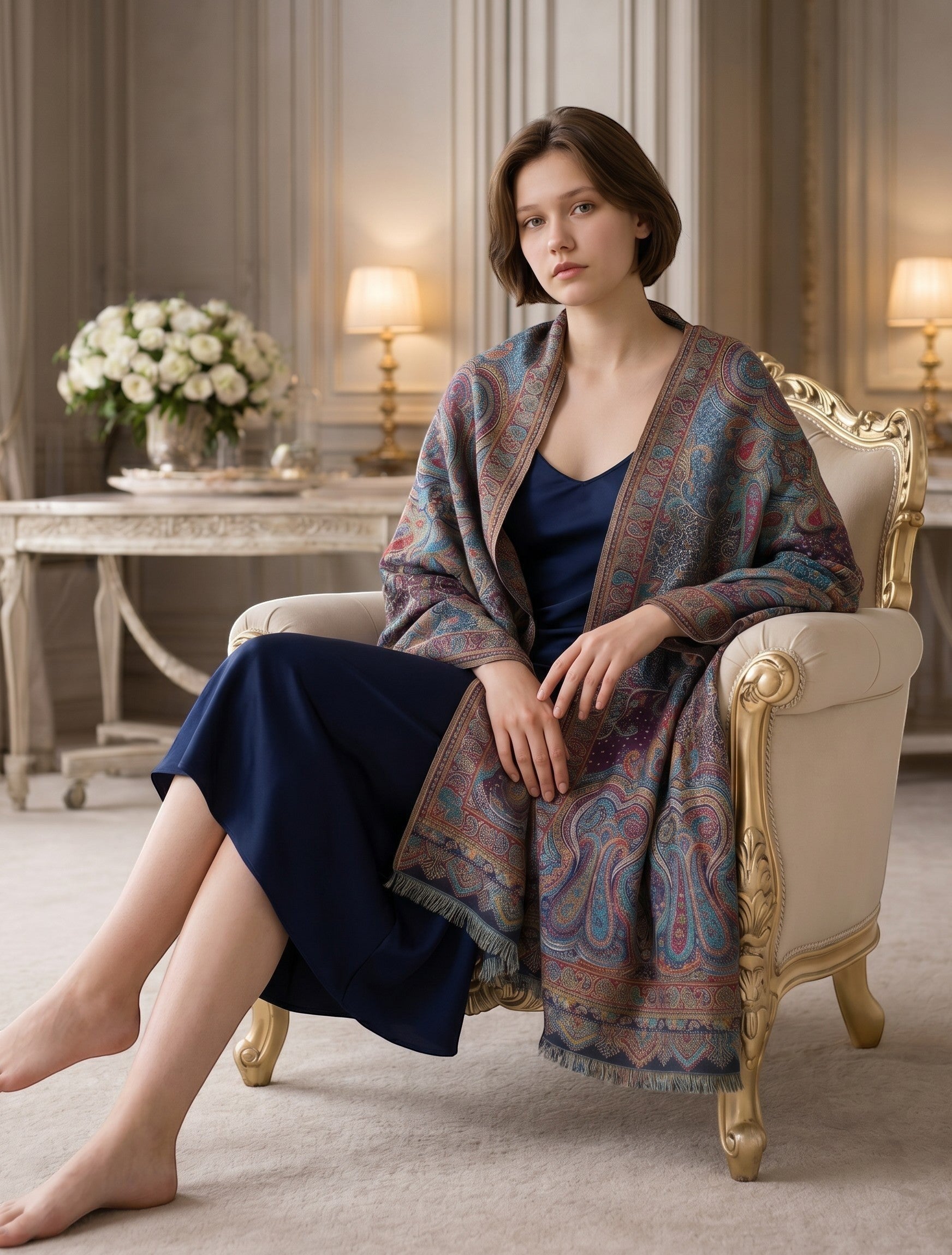 Noori Couture paisley patterned woven scarf in peacock shades with fringed edges.