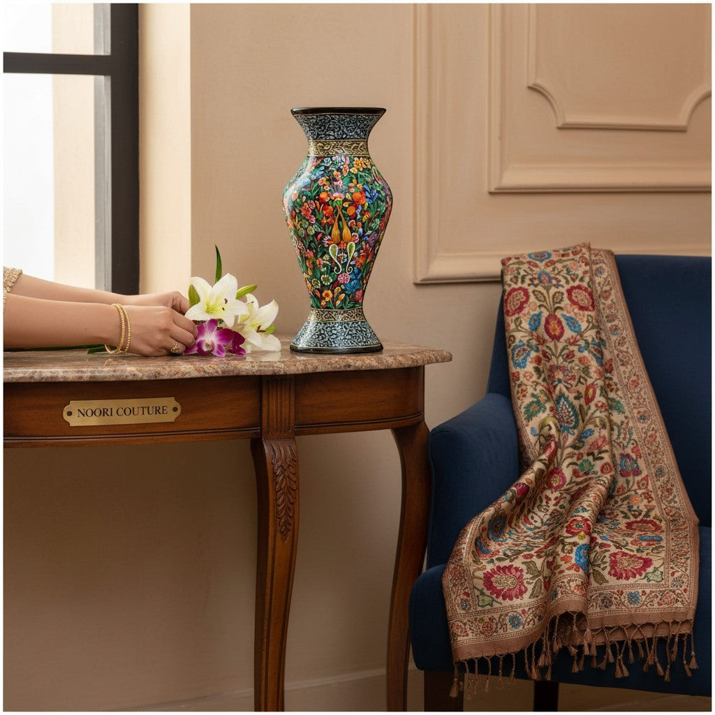 Noori Couture hand-painted paper mâché art vase with earthy tones and warm floral accents. Limited edition collectible.