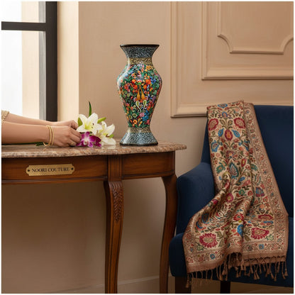 Noori Couture hand-painted paper mâché art vase with earthy tones and warm floral accents. Limited edition collectible.