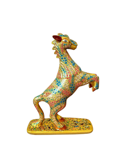 Noori Couture hand-painted paper mache horse figurine with floral design in pink and blue on a gold finish, rearing pose on decorated base.