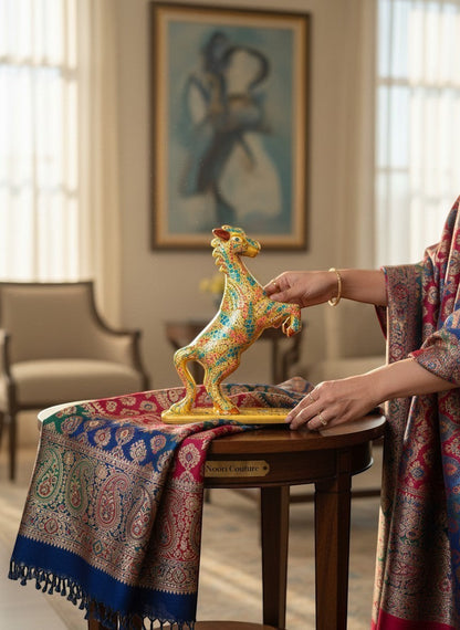 Noori Couture hand-painted paper mâché horse figurine, yellow base with blue, red, and green floral detailing. Limited edition collectible art.