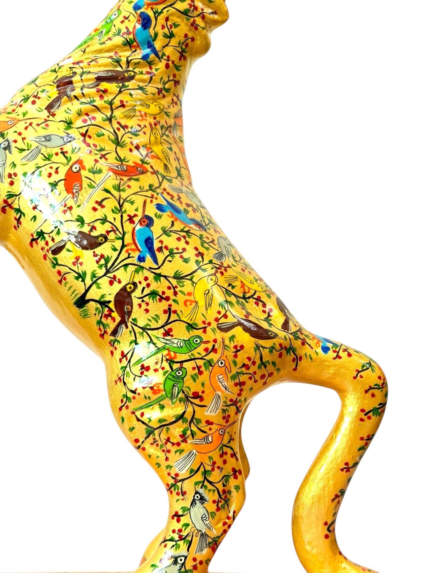 Noori Couture hand-painted paper mâché horse sculpture with birds and floral motifs on a gold base.