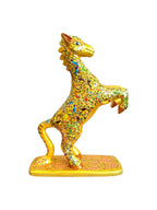 Noori Couture hand-painted paper mâché horse sculpture, rearing on a gold base with floral and bird motifs. Limited edition collectible.