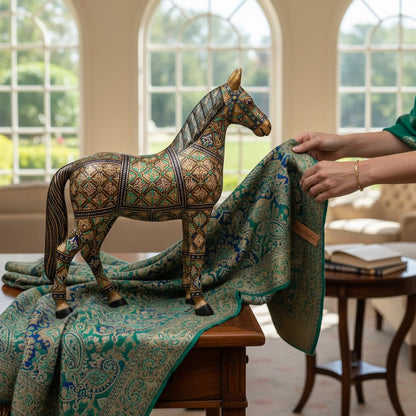 Noori Couture hand-painted paper mâché horse sculpture with intricate gold, blue, and green patterns on a golden base.