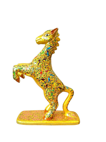 Noori Couture hand-painted paper mâché horse sculpture, rearing on a gold base with floral and bird motifs.