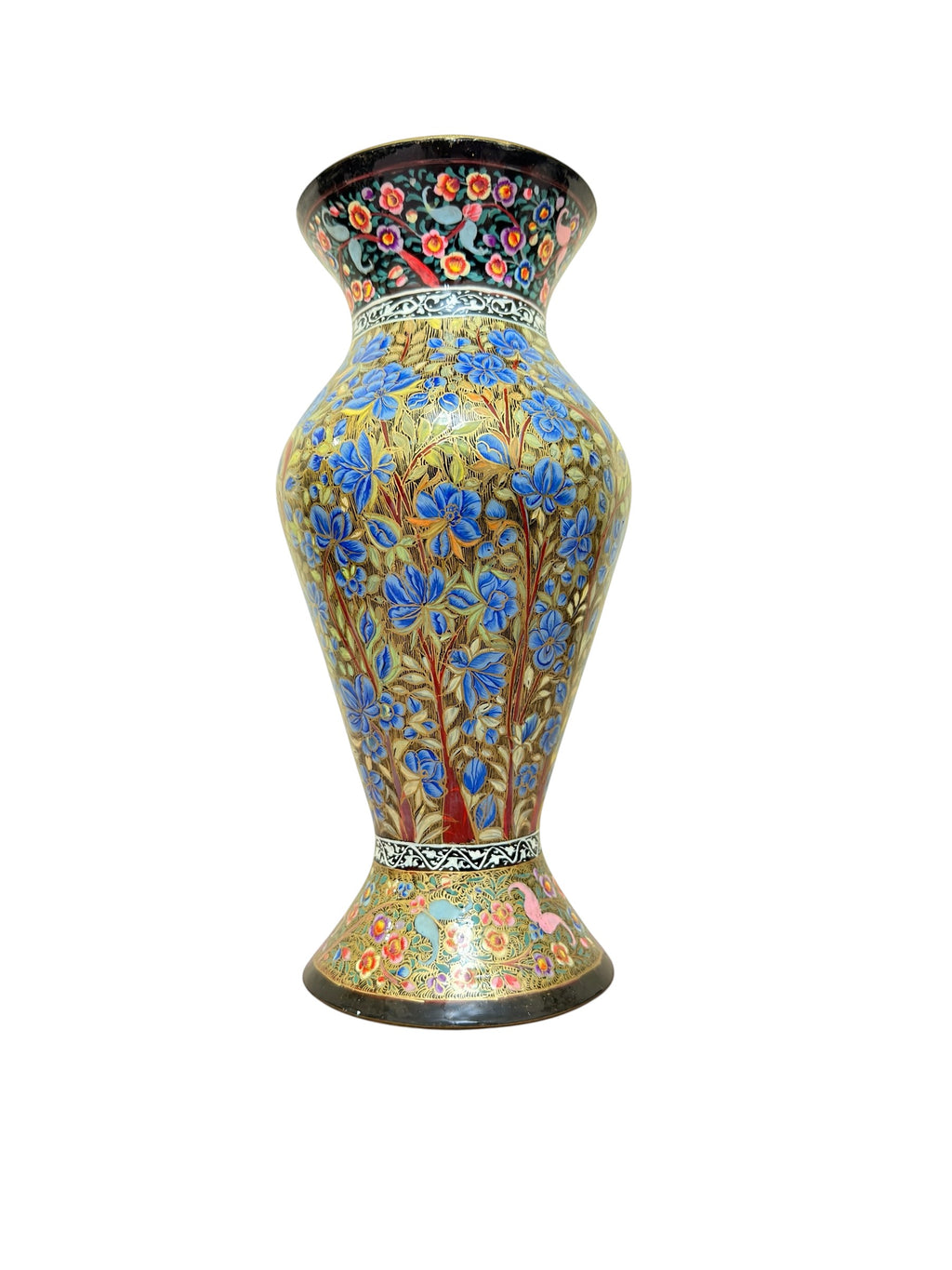 Noori Couture hand-painted paper mâché vase with blue floral motifs. Limited edition collectible art piece.