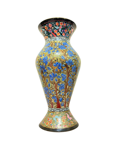 Noori Couture hand-painted paper mâché vase with blue floral motifs. Limited edition collectible art piece.