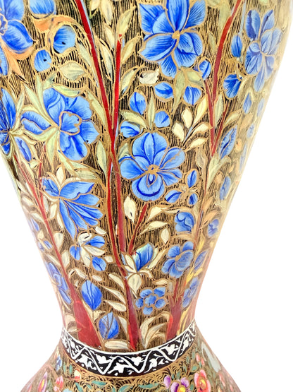 Noori Couture hand-painted paper mâché vase with blue floral and red stem design on a gold textured background.