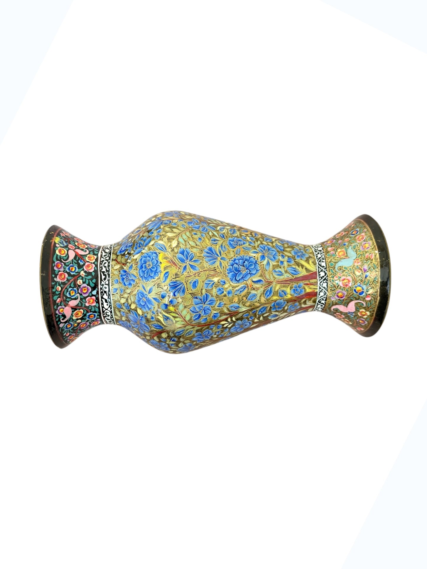 Noori Couture hand-painted paper mâché art vase with blue floral pattern on a gold background, limited edition collectible.
