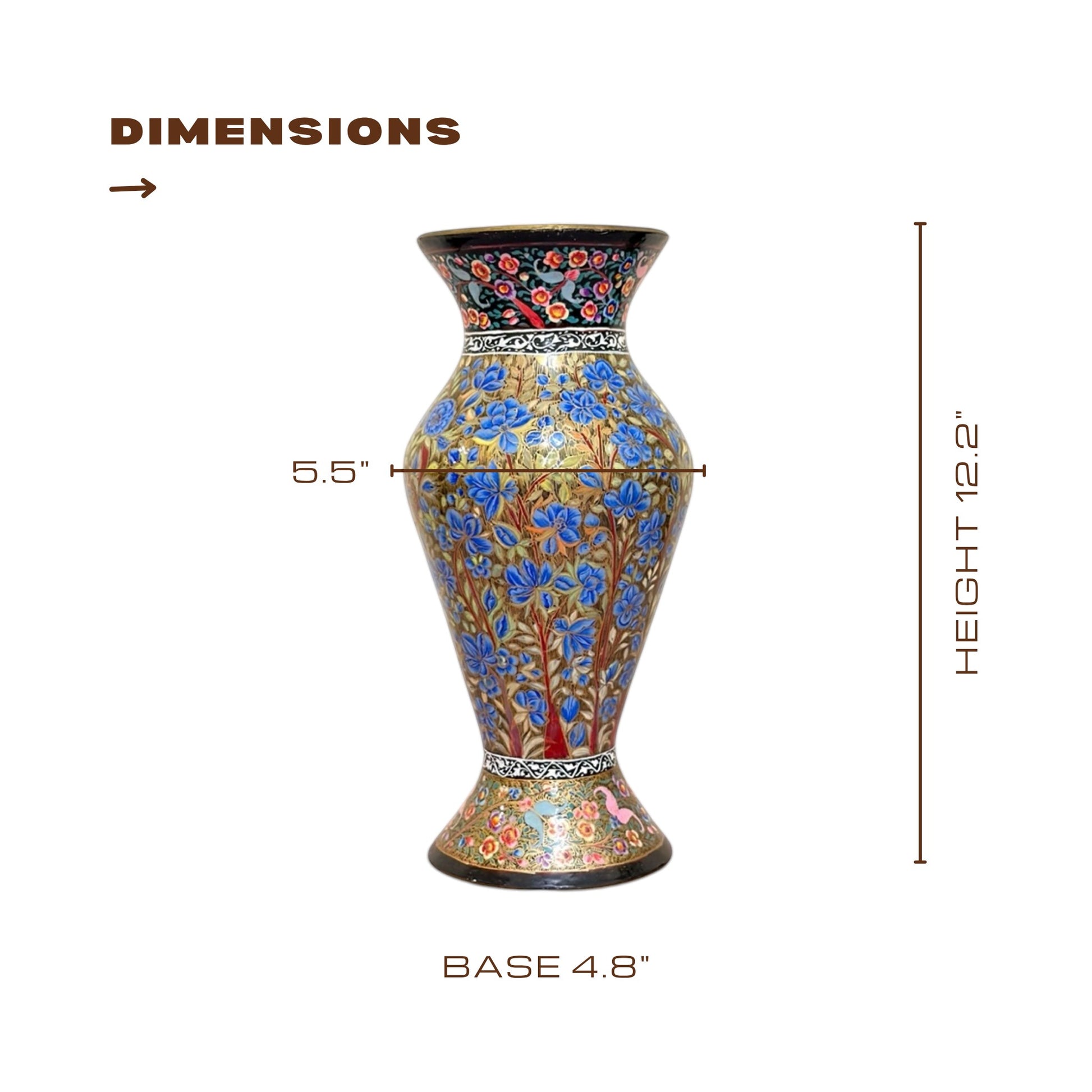Noori Couture hand-painted paper mâché vase with blue floral motif and warm accents. Limited edition collectible art.