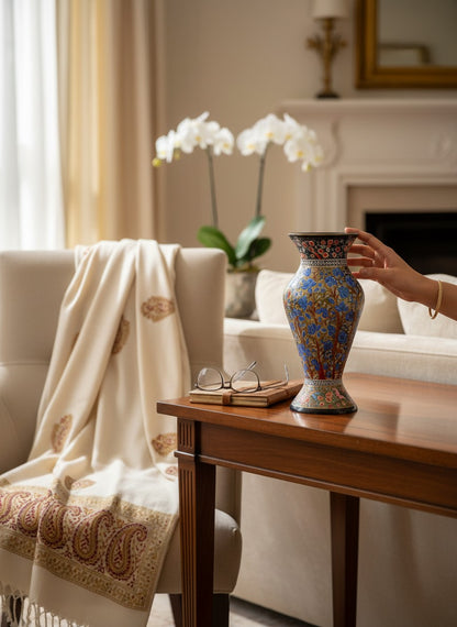 Noori Couture hand-painted paper mâché vase with blue floral and red accents, limited edition collectible art.