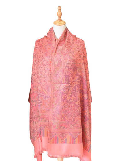 Noori Couture pastel pink pashmina shawl with intricate paisley patterns and delicate fringe on a mannequin